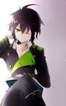  1boy black_hair book crossed_legs green_eyes hand_behind_head highres hyakuya_yuuichirou military military_uniform one_eye_closed owari_no_seraph simple_background sitting tsukimori_usako unbuttoned uniform 