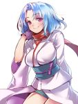  1girl blue_hair breasts gloves japanese_clothes mataichi_matarou ole_tower red_eyes router_plane_(ole_tower) scarf short_hair smile solo 