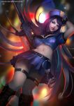  1girl alternate_costume ammunition belt boots breasts caitlyn_(league_of_legends) cglas cleavage cuffs denim_skirt female fingerless_gloves from_below gloves gun hand_on_headwear handcuffs hat highres league_of_legends lipstick long_hair looking_at_viewer makeup midriff navel police police_hat police_uniform policewoman skirt solo uniform weapon 
