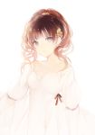  1girl :o breasts brown_hair cleavage collarbone curly_hair dress grey_eyes long_hair looking_at_viewer lp_(hamasa00) original ponytail solo white_background 