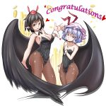  2girls alternate_costume arms_at_sides bat_wings black_hair breasts brown_legwear bunny_girl bunnysuit captain_nagase colored_eyelashes congratulations feathered_wings fishnet_pantyhose fishnets flat_gaze hair_between_eyes hand_on_own_chest hat highres large_breasts lavender_hair leotard mob_cap multiple_girls off_shoulder pantyhose playboy_bunny_leotard pointy_ears red_eyes remilia_scarlet serious shameimaru_aya short_hair sideboob small_breasts tokin_hat touhou wings wrist_cuffs 
