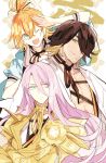  3boys ;d black_hair blonde_hair blue_eyes crossed_arms facial_hair hachisuka_kotetsu japanese_clothes kiri_(qoo) male_focus multicolored_hair multiple_boys nagasone_kotetsu one_eye_closed open_mouth orange_hair purple_hair salute smile stubble touken_ranbu two-tone_hair urashima_kotetsu yellow_eyes 