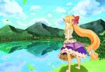  1girl back barefoot belt blue_sky cantdraw clouds from_behind full_body hair_ornament hair_ribbon highres horn_ribbon horns ibuki_suika lake landscape leaf long_hair looking_at_viewer looking_back low-tied_long_hair mountain nature orange_eyes orange_hair reflection ribbon shirt skirt sky sleeveless solo touhou upskirt very_long_hair water wrist_cuffs 