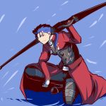  1boy archer archer_(cosplay) arm_support blue_hair bow_(weapon) earrings fate/stay_night fate_(series) fusion jewelry kneeling koraku_gekki lancer ponytail red_eyes solo weapon 