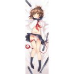  1girl bed_sheet black_legwear brown_hair clothes_removed dakimakura folded_ponytail inazuma_(kantai_collection) kantai_collection long_hair long_sleeves lying miniskirt navel on_back penpon school_uniform serafuku skirt socks solo yellow_eyes 