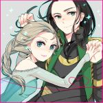  1boy 1girl avengers black_hair blonde_hair blue_eyes braid crossover doemusuke dress elsa_(frozen) frozen_(disney) green_eyes heart heart_of_string loki_(marvel) marvel single_braid sparkle trait_connection 