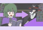  adagumo_no_saragimaru androgynous arrow big_hat black_hair book capelet detached_sleeves enraku_tsubakura green_hair grey_eyes hair_ornament hat iosys_parody len&#039;en lowres marisa_stole_the_precious_thing parody ponytail red_eyes short_hair short_ponytail snake_hair_ornament snake_tail sweatdrop tail top_hat 