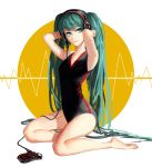  1girl absurdres arms_up green_eyes green_hair hands_on_headphones hatsune_miku headphones highres long_hair looking_at_viewer one-piece_swimsuit sitting solo swimsuit twintails very_long_hair vocaloid white_background yokozuwari 