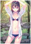  1girl arms_up bikini bikini_under_clothes black_bikini breasts brown_hair green_eyes idolmaster idolmaster_cinderella_girls jewelry long_hair navel necklace nishimura_eri open_clothes open_shirt parted_lips see-through shibuya_rin shirt sleeves_pushed_up solo sweat swimsuit swimsuit_under_clothes 