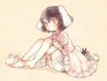  1girl animal animal_ears barefoot black_hair bloomers blush bunny_tail dress full_body inaba_tewi jpeg_artifacts looking_down pink_dress puffy_sleeves rabbit rabbit_ears red_eyes short_hair short_sleeves simple_background sitting solo tail touhou underwear yujup 