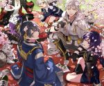  6+boys armor black_hair blue_eyes brown_hair cherry_blossoms chigira dango food gloves gokotai gokotai&#039;s_tigers heshikiri_hasebe hood indian_style japanese_armor japanese_clothes male_focus mikazuki_munechika military military_uniform multiple_boys necktie ookurikara open_mouth out_of_frame petals sakazuki sanshoku_dango shorts sitting smile sode tiger tiger_cub touken_ranbu tsurumaru_kuninaga uniform violet_eyes wagashi white_gloves white_hair white_tiger yagen_toushirou yellow_eyes 