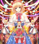  1girl alice_margatroid apron belt blonde_hair blue_dress blue_eyes bouquet bow bowtie capelet closed_eyes danmaku doll dress flower hair_ornament hair_ribbon hairband long_hair long_sleeves looking_at_viewer mary_janes natsume_k open_mouth puppet_strings ribbon rose shanghai_doll shoes short_hair short_sleeves smile socks solo touhou white_legwear 