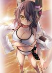  1girl blazer breasts eyepatch fang haruta_(806060) headgear holding_hand kantai_collection purple_hair short_hair smile swimsuit tenryuu_(kantai_collection) 