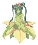  1girl alraune bare_shoulders blush breasts flower green_hair green_skin hair_flower hair_ornament long_hair looking_at_viewer monster_girl navel open_mouth original plant_girl red_eyes sand-rain sasaame simple_background sitting smile solo twintails vines white_background 