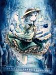  1girl absurdres air_bubble aqua_hair blue blue_eyes blurry bridge building city clock clock_tower commentary dress faux_traditional_media fish floating hat highres komeiji_koishi muted_color open_mouth petticoat scenery shinonome_myoke solo surreal touhou tower underwater 