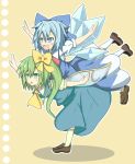  awa_hirotaka blue_bow blue_eyes blue_hair blush bow brown_shoes cirno daiyousei dress fang green_eyes green_hair hair_bow highres ice ice_wings multiple_girls open_mouth outstretched_arms overman_king_gainer parody ribbon shoes side_ponytail smile socks touhou white_legwear wings yellow_bow 