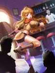  1girl bar_stool bike_shorts blonde_hair boots bottle crying highres kicking multiple_boys rwby solo standing_on_one_leg violet_eyes yang_xiao_long 