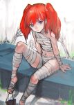  1girl arm_support bandages black_eyes long_hair looking_at_viewer navel nightmare-kck original redhead sitting skeleton solo twintails 
