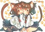  2girls ahoge animal_ears bandana black_legwear blush brown_hair cat_ears cat_tail hairband ikazuchi_(kantai_collection) inazuma_(kantai_collection) kantai_collection looking_at_viewer multiple_girls one_eye_closed paw_print pleated_skirt sailor_collar school_uniform serafuku short_hair skirt suzuho_hotaru tail thigh-highs twitter_username zettai_ryouiki 