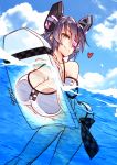  1girl 218 bikini blush breast_press breasts cleavage eyepatch headgear heart kantai_collection kickboard large_breasts looking_at_viewer navel purple_hair see-through short_hair smile solo swimsuit tenryuu_(kantai_collection) water wet yellow_eyes 