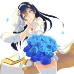  1girl absurdres asymmetrical_clothes blue_hair blue_rose bouquet breasts dress flower gloves hair_between_eyes hairband highres light_smile looking_at_viewer multicolored_eyes off_shoulder original pov reaching_out rose single_glove solo thigh-highs uta_(pixiv) wedding wedding_dress white_background white_dress white_gloves white_legwear 