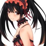  1girl arms_at_sides black_hair breasts date_a_live dress frills from_side hair_between_eyes hairband heterochromia izanagi_k_(twilight_crow) light_smile lolita_fashion lolita_hairband long_hair looking_at_viewer off_shoulder red_dress red_eyes smile solo tokisaki_kurumi twintails yellow_eyes 