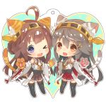  2girls animal_ears black_hair blue_eyes blush boots brown_hair cat_ears cat_paws cat_tail detached_sleeves double_bun hairband haruna_(kantai_collection) heart heart-shaped_pupils kantai_collection kongou_(kantai_collection) long_hair long_sleeves looking_at_viewer multiple_girls nontraditional_miko one_eye_closed orange_eyes paws skirt smile star star-shaped_pupils suzuho_hotaru symbol-shaped_pupils tail thigh-highs thigh_boots wide_sleeves 