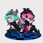  &gt;_&lt; 2girls alternate_costume animal_ears bird_wings black_dress blush_stickers boots checkered checkered_floor chibi choujuu_gigaku dress electric_guitar fangs green_hair guitar hat instrument jewelry juliet_sleeves kasodani_kyouko kayama_benio knee_boots kneehighs leg_up long_sleeves looking_at_viewer microphone microphone_stand mismatched_legwear multiple_girls mystia_lorelei open_mouth pantyhose petticoat pink_hair puffy_sleeves short_hair simple_background single_earring speaker sunglasses sunglasses_on_head tail torn_clothes torn_pantyhose touhou white_background wings 