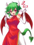  &gt;:d 1girl :d bare_shoulders breasts china_dress chinese_clothes draco_centauros dragon_wings dress elbow_gloves fang gloves green_hair hair_between_eyes highres horns large_breasts madou_monogatari messy_hair open_mouth pointy_ears puyopuyo red_dress sakuramau short_hair side_slit smile solo tail white_legwear wings yellow_eyes 