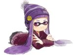  1girl badge beanie button_badge crossed_arms domino_mask fang hat highres inkling long_hair long_sleeves lying mask myuu1995 on_stomach purple_hair solo splatoon tentacle_hair violet_eyes 