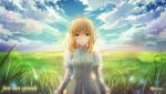  1girl absurdres ahoge artist_name blonde_hair blue_eyes blue_sky clouds fate/stay_night fate_(series) field grass highres magicians_(zhkahogigzkh) saber sky solo 