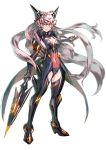  &gt;:( 1girl black_gloves black_legwear breasts cleavage covered_navel elbow_gloves full_body gloves green_eyes hair_between_eyes headgear high_heels highres holding holding_weapon long_hair maria_cadenzavuna_eve murakami_hisashi polearm senki_zesshou_symphogear simple_background solo spear standing thigh-highs very_long_hair weapon white_background zettai_ryouiki 