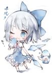  1girl akaki_aoki blue_eyes blue_hair blush bow chibi cirno d; dress food hair_bow ice ice_cream ice_wings melting one_eye_closed open_mouth popsicle shaved_ice short_hair solo sweat touhou wings 