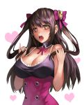  1girl blush bow breasts cleavage hair_bow hair_tousle heart heart-shaped_pupils large_breasts open_mouth original rainmood solo symbol-shaped_pupils two_side_up 