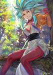  1girl blue_hair breasts cleavage earrings gloves in_tree jewelry leggings long_hair looking_at_viewer naro0427 puffy_sleeves red_legwear ryouko_(tenchi_muyou!) sitting sitting_in_tree smile solo spiky_hair tenchi_muyou! tree yellow_eyes 