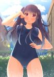  1girl black_hair blush breasts highres long_hair one-piece_swimsuit original red_eyes school_swimsuit smile solo standing swimsuit takumi1006 twintails wet 
