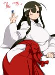  1girl ;) ahoge black_hair blush breasts brown_eyes dated hakama hishigata huge_breasts iwato_kasumi japanese_clothes long_hair long_sleeves lying miko on_side one_eye_closed saki shadow smile solo wide_sleeves 