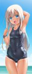  1girl :d arm_up armpits blue_eyes blush byeontae_jagga covered_navel highres kantai_collection long_hair looking_at_viewer open_mouth ro-500_(kantai_collection) school_swimsuit small_breasts smile solo swimsuit tan tanline 