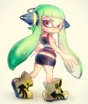 1girl ass belt bike_shorts breastplate butt_crack directional_arrow domino_mask full_body green_hair headgear inkling long_hair looking_back mask pointy_ears poroi_(poro586) shoes simple_background smile sneakers solo splatoon tentacle_hair violet_eyes white_background 
