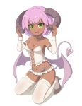  1girl bat_wings blush breasts dark_skin demon_girl demon_horns demon_tail demon_wings green_eyes horns monster_girl original pink_hair pointy_ears sand-rain sasaame simple_background smile solo tail thigh-highs white_background white_legwear wings 