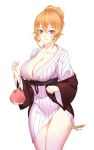  1girl artist_name bag blonde_hair breasts cleavage highres japanese_clothes kimono large_breasts liuruoyu8888 nakiri_erina shokugeki_no_souma simple_background smile solo violet_eyes white_background 