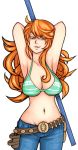  1girl antiheld armpits arms_up belt_buckle bikini_top breasts brown_eyes cleavage cowboy_shot denim highres holster jeans large_breasts long_hair midriff nami_(one_piece) navel one_piece orange_hair pants polearm smile solo staff tattoo under_boob weapon 