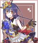  1girl black_gloves blue_hair blue_ribbon blush gloves hat long_hair looking_at_viewer love_live!_school_idol_festival love_live!_school_idol_project microphone_stand mini_top_hat ribbon sleeveless smile solo sonoda_umi top_hat treble_clef yellow_eyes 