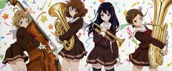  4girls absurdres black_eyes black_hair brown_eyes brown_hair double_bass euphonium hibike!_euphonium highres instrument katou_hazuki kawashima_sapphire kousaka_reina long_hair multiple_girls official_art oumae_kumiko school_uniform serafuku short_hair thigh-highs trumpet tuba 