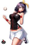  :d baseball blue_eyes hair_ribbon lips mary_janes open_mouth original purple_hair rainmood ribbon shoes skirt smile standing_on_one_leg uniform 