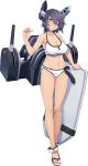  1girl ayaki bikini blush breasts cannon eyepatch fingerless_gloves full_body gloves headgear kantai_collection official_art open_mouth purple_hair sandals short_hair solo surfboard swimsuit tenryuu_(kantai_collection) transparent_background turret weapon yellow_eyes 