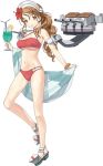  1girl bikini breasts brown_hair drink full_body garter_straps hair_ornament hat italia_(kantai_collection) jiji kantai_collection large_breasts littorio_(kantai_collection) looking_at_viewer machinery miniskirt necktie official_art skirt swimsuit towel turret 