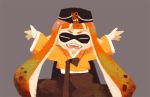  1girl :d anpolly arms_up closed_eyes domino_mask fangs grey_background hanbok hat inkling korean_clothes long_hair long_sleeves mask open_mouth orange_eyes orange_hair pointy_ears simple_background smile solo splatoon tentacle_hair wide_sleeves 