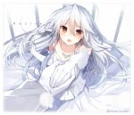  1boy 1girl bridal_veil detached_sleeves dress earrings elbow_gloves floating_hair gloves hand_grab jewelry long_hair mishima_kurone necklace open_mouth original outstretched_hand pleated_dress red_eyes silver_hair solo_focus tierra_azur twitter_username veil very_long_hair wedding_dress white white_hair 