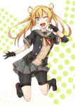  1girl abukuma_(kantai_collection) blonde_hair blue_eyes gloves highres kantai_collection long_hair one_eye_closed open_mouth remodel_(kantai_collection) school_uniform serafuku smile twintails umino_mokuzu_(shizumisou) 